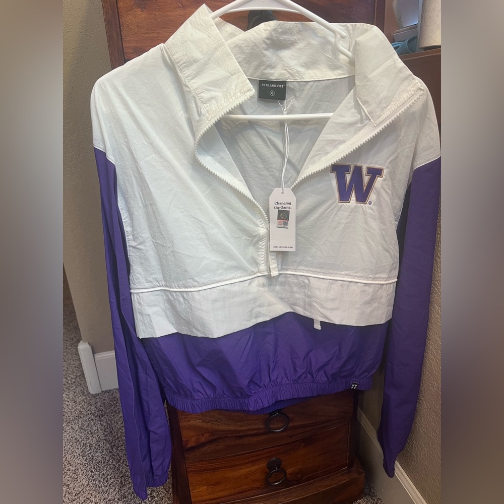 White & Purple Windbreaker Jacket with 'UW' Crest, University of Washington